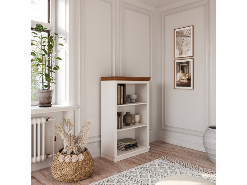 Estante de madeira com 1,19 m na cor branco lavado e mel / Coleção biblioteca